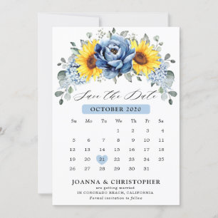 Solros Dammig blå Skiffer Peony Blommig Kalender Spara Datumet
