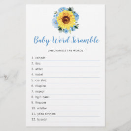 Solros Dusty Blue Blommigt Baby Shower Ord Game