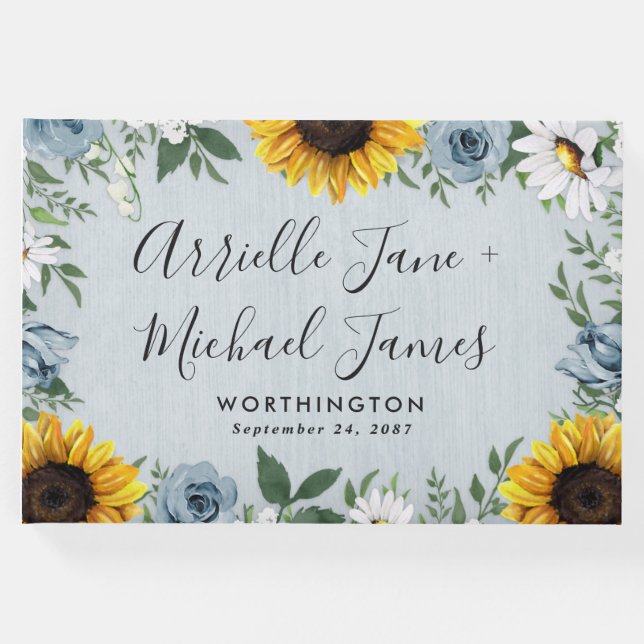 Solros Dusty Blue Land Rustic Ro Bröllop Gästböcker (Framsida)