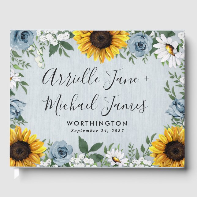 Solros Dusty Blue Land Rustic Ro Bröllop Gästböcker (Framsida)