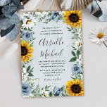 Solros Dusty Blue Land Rustic Ro Bröllop Inbjudningar<br><div class="desc">Utformningen har en dammig bakgrund av blått/grått-trä med en krans av solblommor,  daisy,  ro i dammiga blå skuggor,  baby som andas över olika typer av botaniskt vattenfärgsgrej inslag.</div>