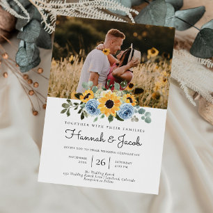 Solros Dusty Blue Rustic Photo Bröllop Inbjudningar