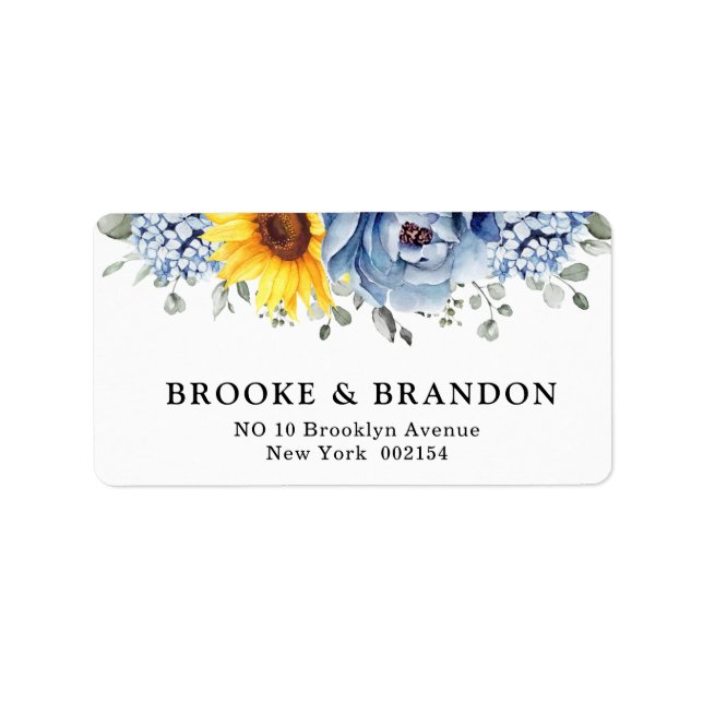 Solros Dusty Blue Slate Peony Blommigt Bröllop Adressetikett (Framsidan)