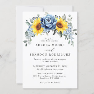 Solros Dusty Blue Slate Peony Blommigt Bröllop Inbjudningar