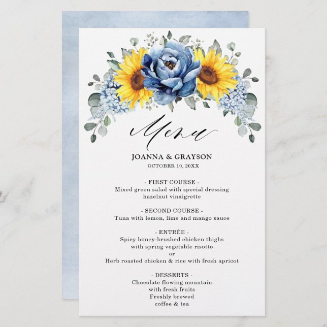 Solros Dusty Blue Slate Peony Bröllop Menu (Fram/baksida)