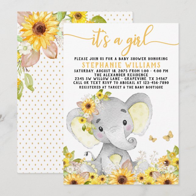 Solros Elefant Baby Shower Inbjudningar (Fram/baksida)