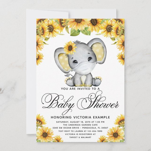 Solros Elefant Med Mask Ros Babyshower  Inbjudningar (Framsida)