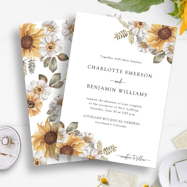 Solros Elegant bröllop Inbjudningar (Fall Sunflower Elegant Watercolor Floral Wedding Invitation by Painted Paperie
)