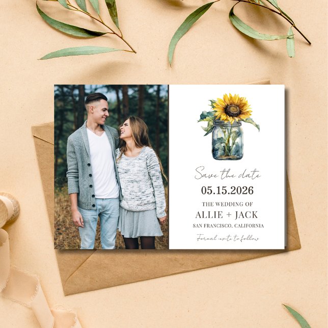 Solros Elegant Photo Land Rustic Bröllop Spara Datumet (Sunflower Elegant Photo Country Rustic Wedding Save The Date)