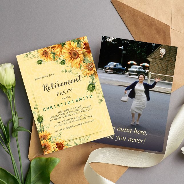 Solros Elegant Watercolor Pension Party Inbjudningar (Sunflower Elegant Watercolor Retirement Party Invitation)
