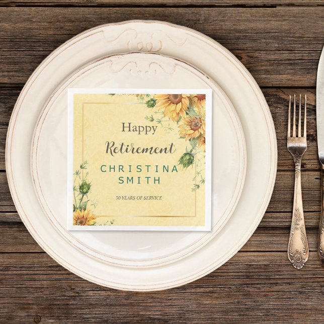 Solros Elegant Watercolor Pension Party Pappersservett (Sunflower Elegant Watercolor Retirement Party Paper Dinner Napkins)