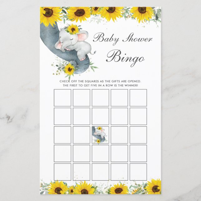 Solros Elephant Baby Shower Bingo Game (Framsida)