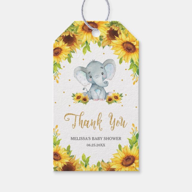Solros Elephant Baby Shower Tack Favor Gif Presentetikett (Framsidan)