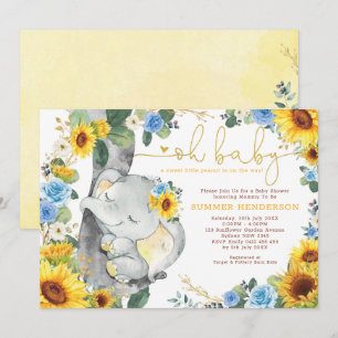 Solros Elephant Blue Ro Greenery Baby Shower Inbjudningar
