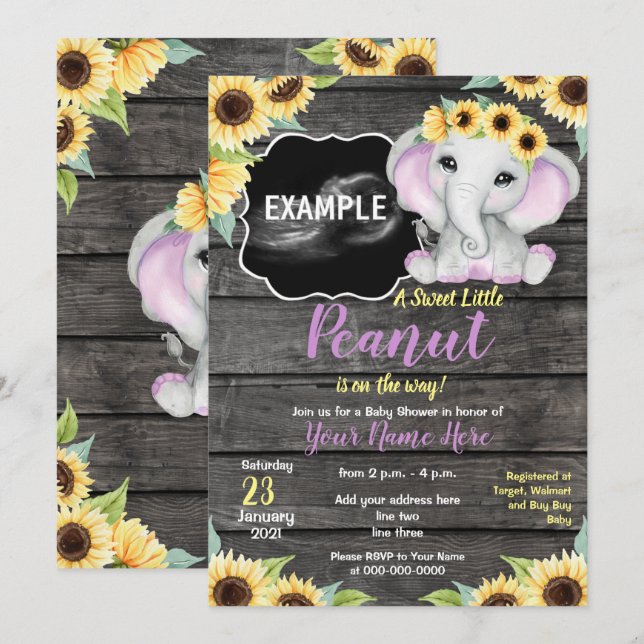 Solros Elephant Ultrasound Baby Shower Lila Inbjudningar (Fram/baksida)