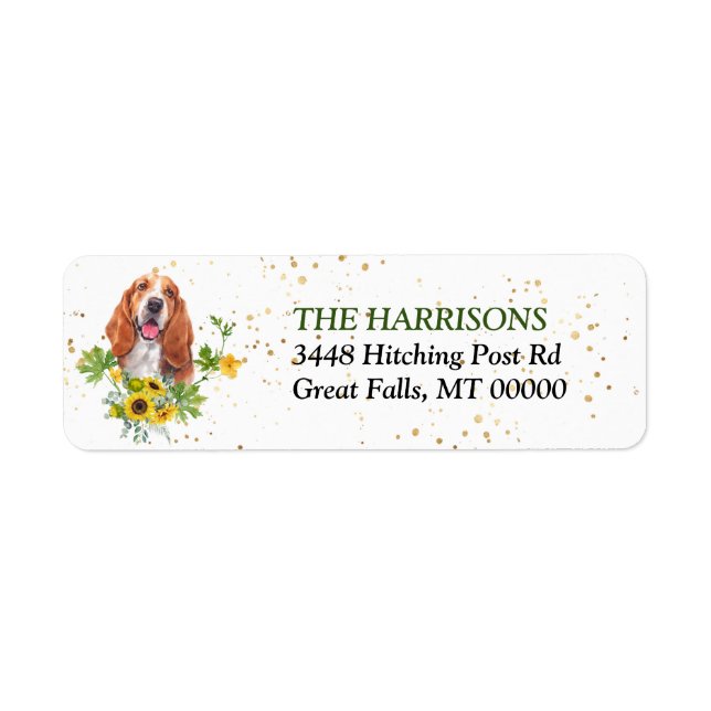 Solros Eucalyptus Basset Hound Returadress Returadress Etikett (Framsidan)