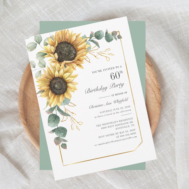 Solros Eucalyptus Blommigt 60:e födelsedagen Inbjudningar (Floral Sunflower Eucalyptus 60th Birthday Invitation)