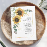 Solros Eucalyptus Blommigt Botanical Bröllop Inbjudningar<br><div class="desc">Skapa ett modernt invigningskort för solrosbröllop med den här söta mallen med vacker rustik blommigt bouquet,  geometrisk guld-effekt ram,  med modern enkel typografi. TIP: Matchande bröllop-svit som OSA,  bröllopsprogram,  banderoller,  tapetik,  presentkort,  skyltar och andra bröllop-kök och märkre-godis finns i samlingen nedan med denna design.</div>
