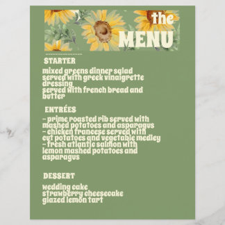 Solros Eucalyptus Blommigt Botanical Bröllop Menu
