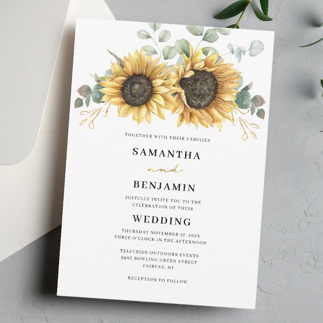 Solros Eucalyptus Blommigt Bröllop Inbjudningar (Sunflower Floral Eucalyptus Watercolor Wedding Invitation)