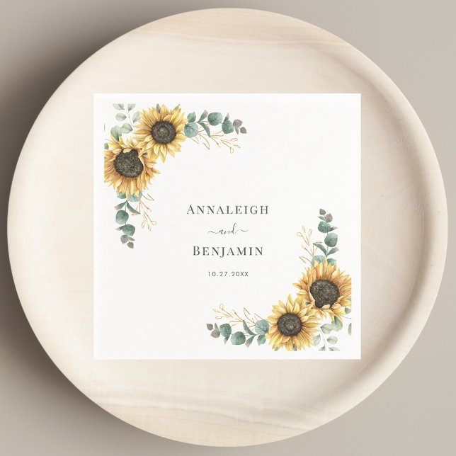 Solros Eucalyptus Blommigt Bröllop Papprare Pappersservett (Elegant Sunflower Eucalyptus Floral Wedding Paper Napkins)