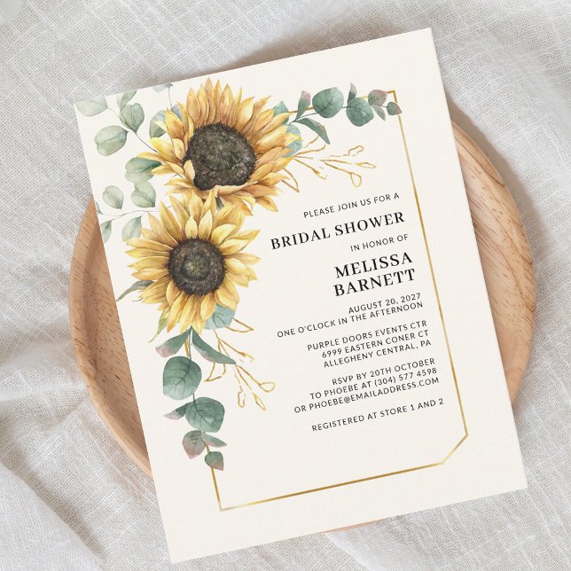 Solros Eucalyptus Blommigt Foliage Möhippa Inbjudningar (Chic Floral Sunflower Eucalyptus Script First Last Name Bridal Shower Invitation)