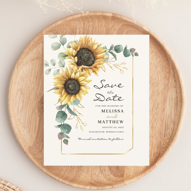 Solros Eucalyptus Blommigt Spara datum Flygblad (Watercolor Sunflower Script Wedding Save the Date Announcement)