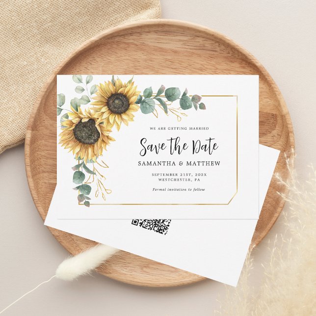 Solros Eucalyptus Blommigt Webbplats QR-kod Spara Datumet (Sunflower Floral Eucalyptus Wedding Save the Date Morgana Script QR Code Announcement)