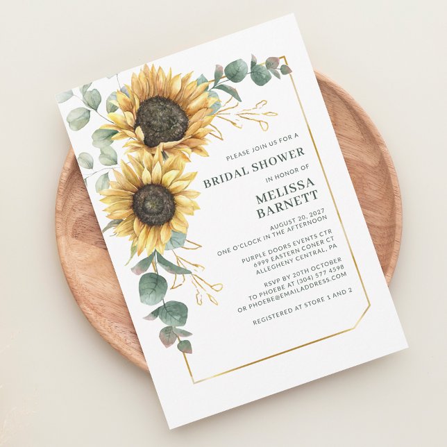 Solros Eucalyptus Bloom Botaniska Möhippan Inbjudningar (Floral Sunflower Eucalyptus Watercolor Bridal Shower Invitation)