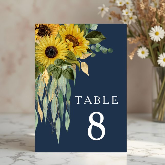 Solros Eucalyptus Bröllop, blå Blommigt Bordsnummer (Navy Blue Floral Sunflower Eucalyptus Wedding Table Number)