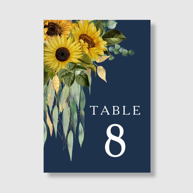 Solros Eucalyptus Bröllop, blå Blommigt Bordsnummer (Navy Blue Floral Sunflower Eucalyptus Wedding Table Number)