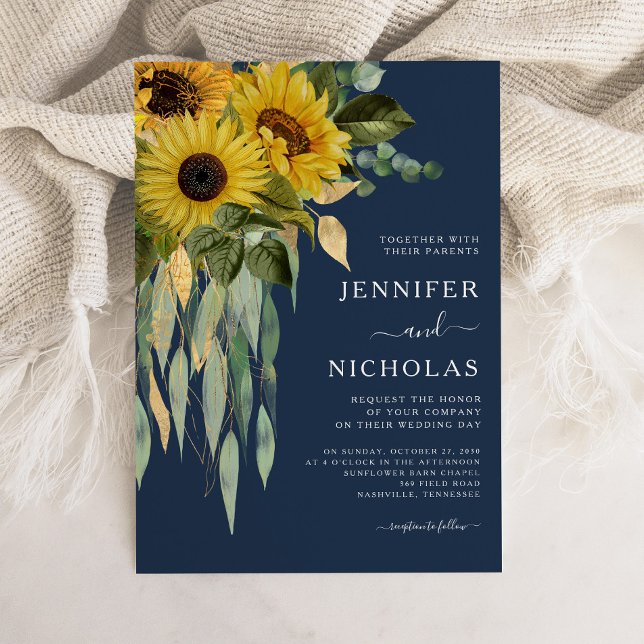 Solros Eucalyptus Bröllop, blå Blommigt Inbjudningar (Navy Blue Floral Sunflower Eucalyptus Wedding Invitation)