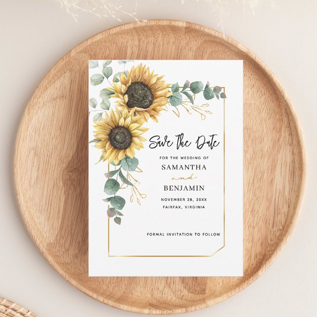 Solros Eucalyptus Bröllop Spara Datumet (Sunflower Eucalyptus Watercolor Wedding Save the Date Notecard)