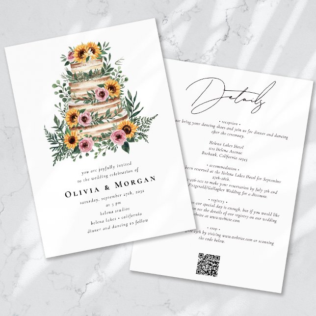 Solros Eucalyptus Cake QR Code Bröllop Inbjudningar (Skapare uppladdad)