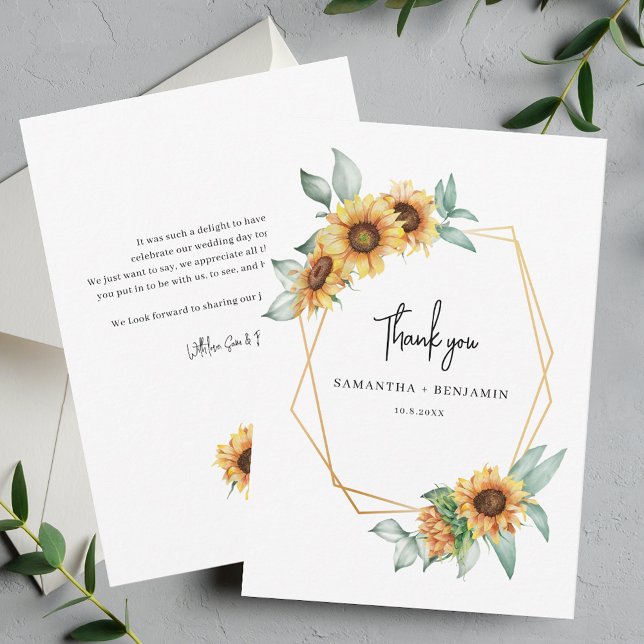 Solros Eucalyptus Geometric Bröllop Tack Kort (Floral Sunflower Eucalyptus Wedding Thank You Script Card)