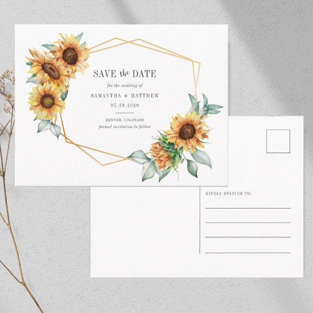 Solros Eucalyptus Geometric Save the Date Meddelande Vykort (Sunflower Watercolor Wedding Save the Date Announcement Postcard)