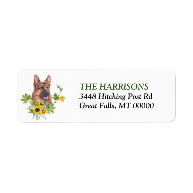 Solros Eucalyptus German Shepherd Hund Label Returadress Etikett (Framsidan)