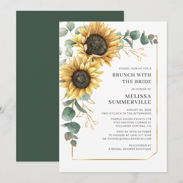Solros Eucalyptus Greenery Brunch med Bride Inbjudningar (Fram/baksida)