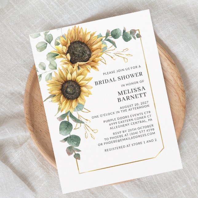 Solros Eucalyptus Guld Ram Möhippa Inbjudan Vykort (Modern Sunflower Eucalyptus Script First Last Name Bridal Shower Invitation)