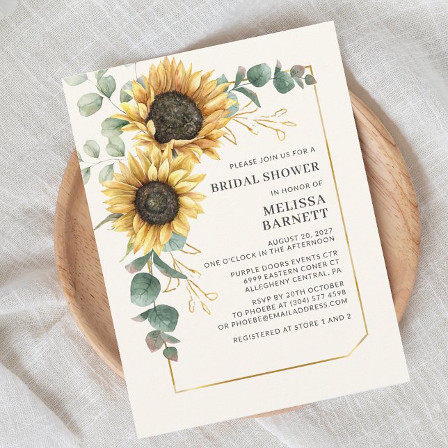 Solros Eucalyptus Guld Ram Möhippa Inbjudan Vykort (Elegant Sunflower Eucalyptus Script First Last Name Bridal Shower Invitation)