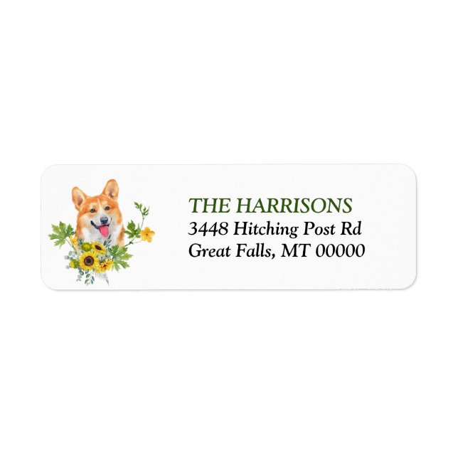Solros Eucalyptus Pembroke Welsh Corgi Hund Returadress Etikett (Framsidan)
