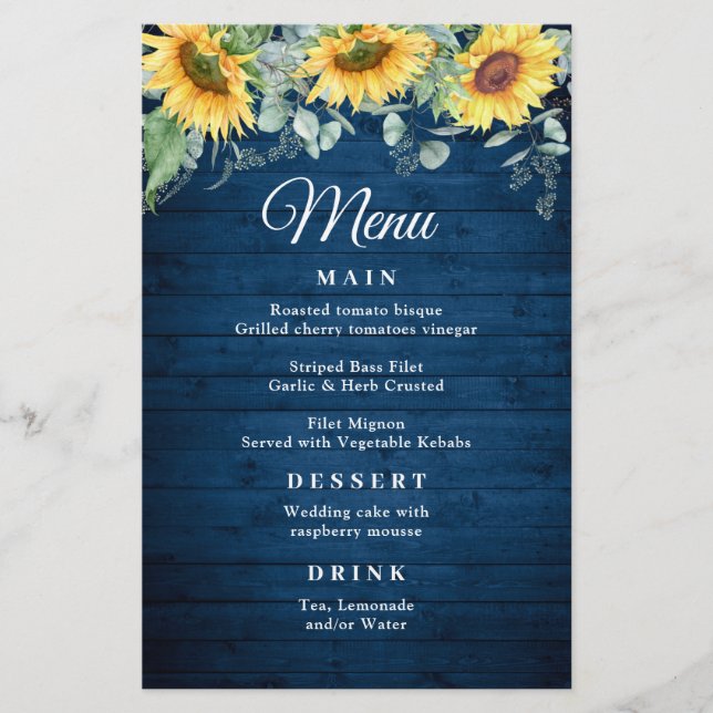 Solros Eucalyptus Rustic Blue Wood Bröllop Menu (Framsida)