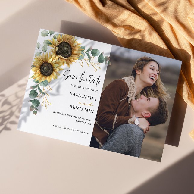 Solros Eucalyptus Watercolor Photo Bröllop Spara Datumet (Sunflower Eucalyptus Script Photo Wedding Save the Date Announcement)