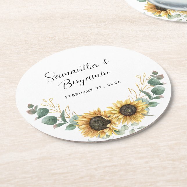 Solros Eucalyptus Wedding Favor Underlägg Papper Rund (Vinklad)