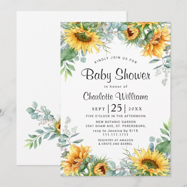 Solros Eukalyptus Akvarell Baby Shower Inbjudningar (Fram/baksida)