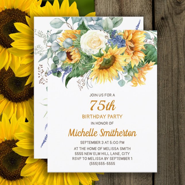 Solros Eukalyptus Blommig 75-årsdag Kort (Sunflowers and eucalyptus 75th birthday party invitation, customized with your text)