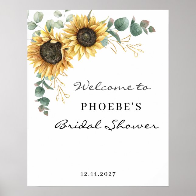 Solros Eukalyptus Blommig Bröllopsdusch Välkommen Poster (Framsidan)