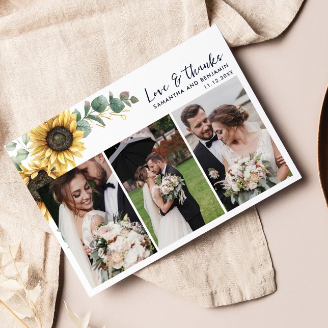Solros Eukalyptus Bröllopsdag Bilder Tack Kort (Love and Thanks Wedding Day Photos Thank You Card)