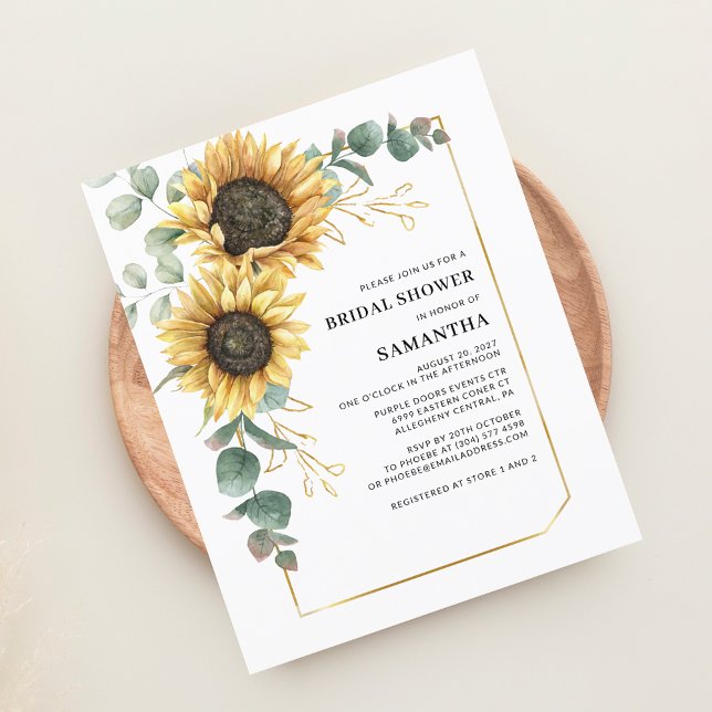 Solros Eukalyptus Bröllopsfestin Inbjudan (Sunflower Eucalyptus Greenery Buddet Bridal Shower Invitation)