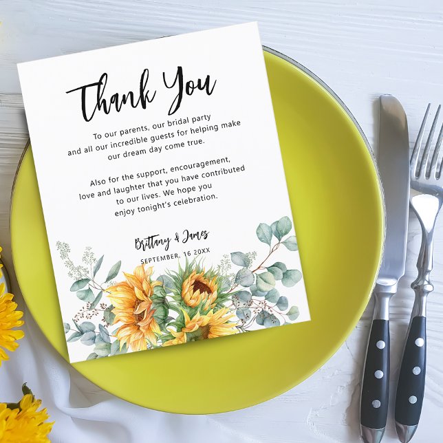 Solros Eukalyptus Bröllopsmottagning Kort (Sunflower Eucalyptus Wedding Reception Card)